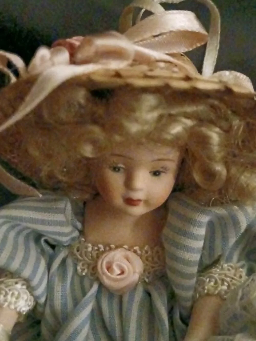 Vintage Jocelyn Mostrom Porcelain Doll With Cat in Basket for Kurt S. Adler Co.